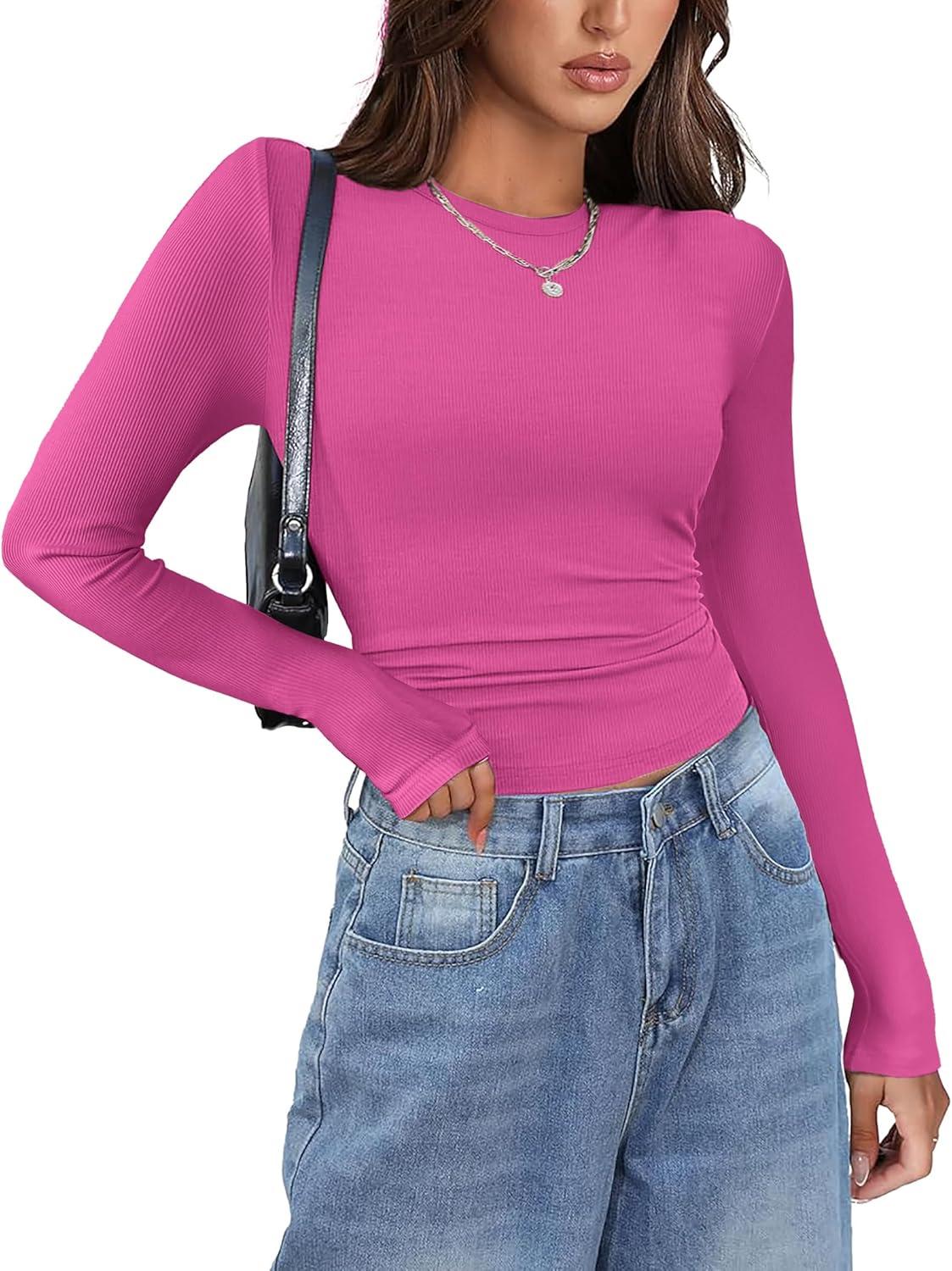 imageZeagoo Womens Long Sleeve Stretch Crewneck Ribbed TShirt Slim Fit Casual Basic Tops SXXLHot Pink