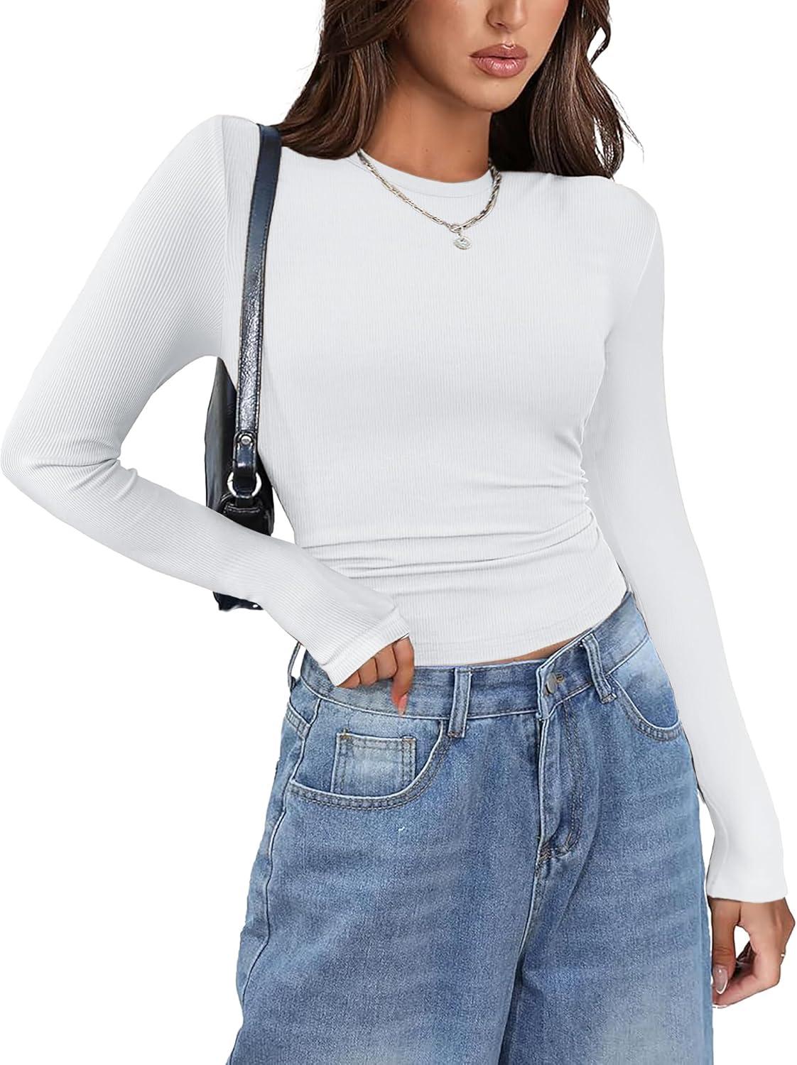imageZeagoo Womens Long Sleeve Stretch Crewneck Ribbed TShirt Slim Fit Casual Basic Tops SXXLWhite