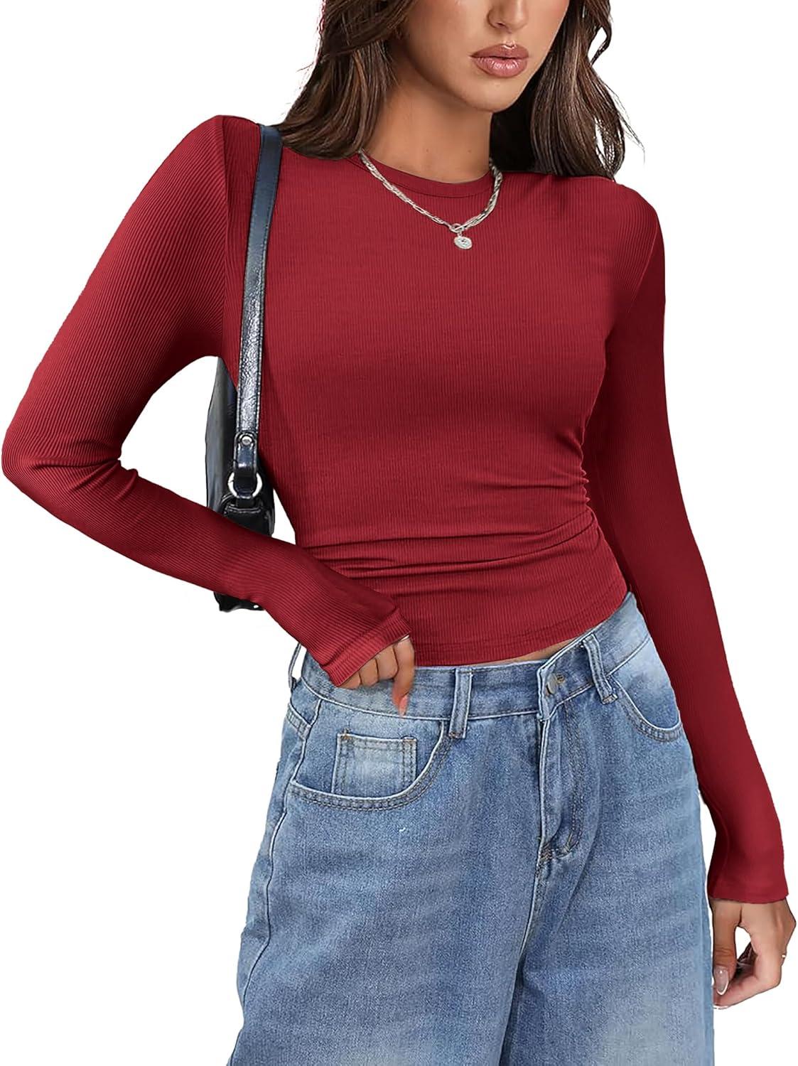 imageZeagoo Womens Long Sleeve Stretch Crewneck Ribbed TShirt Slim Fit Casual Basic Tops SXXLWine Red