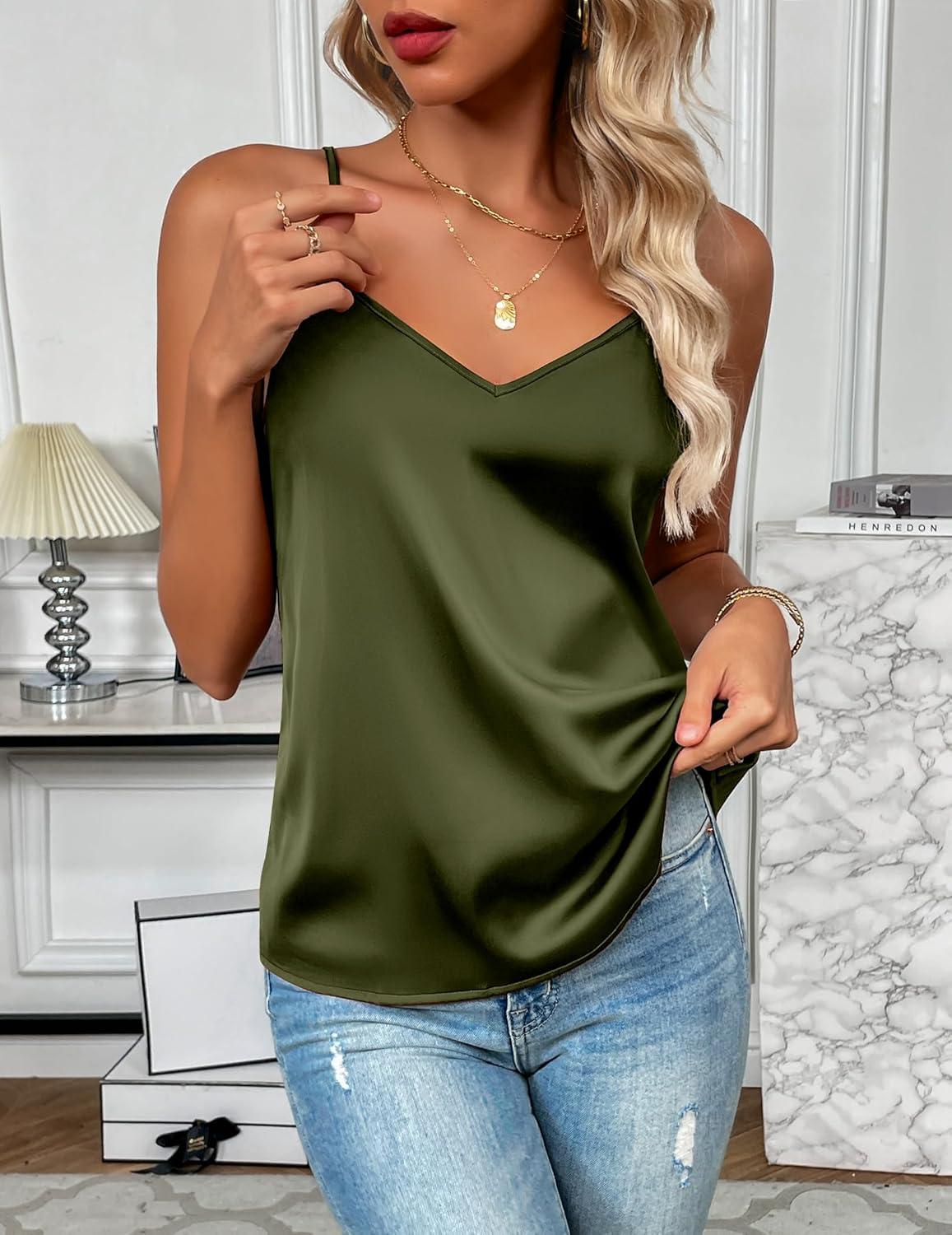 imageZeagoo Womens Silk Satin Tank Tops 2026 V Neck Adjustable Spaghetti Strap Sleeveless Camisole Summer Basic BlouseArmy Green