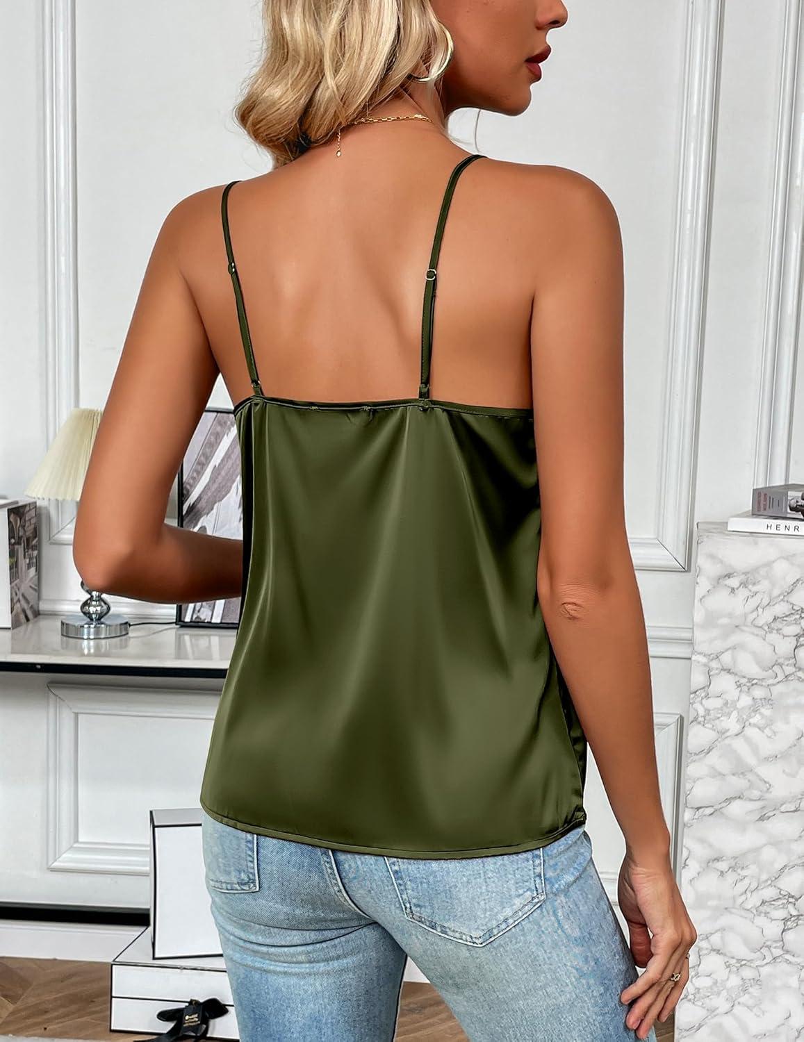 imageZeagoo Womens Silk Satin Tank Tops 2026 V Neck Adjustable Spaghetti Strap Sleeveless Camisole Summer Basic BlouseArmy Green