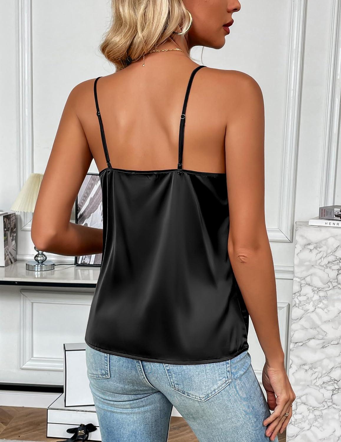 imageZeagoo Womens Silk Satin Tank Tops 2026 V Neck Adjustable Spaghetti Strap Sleeveless Camisole Summer Basic BlouseBlack