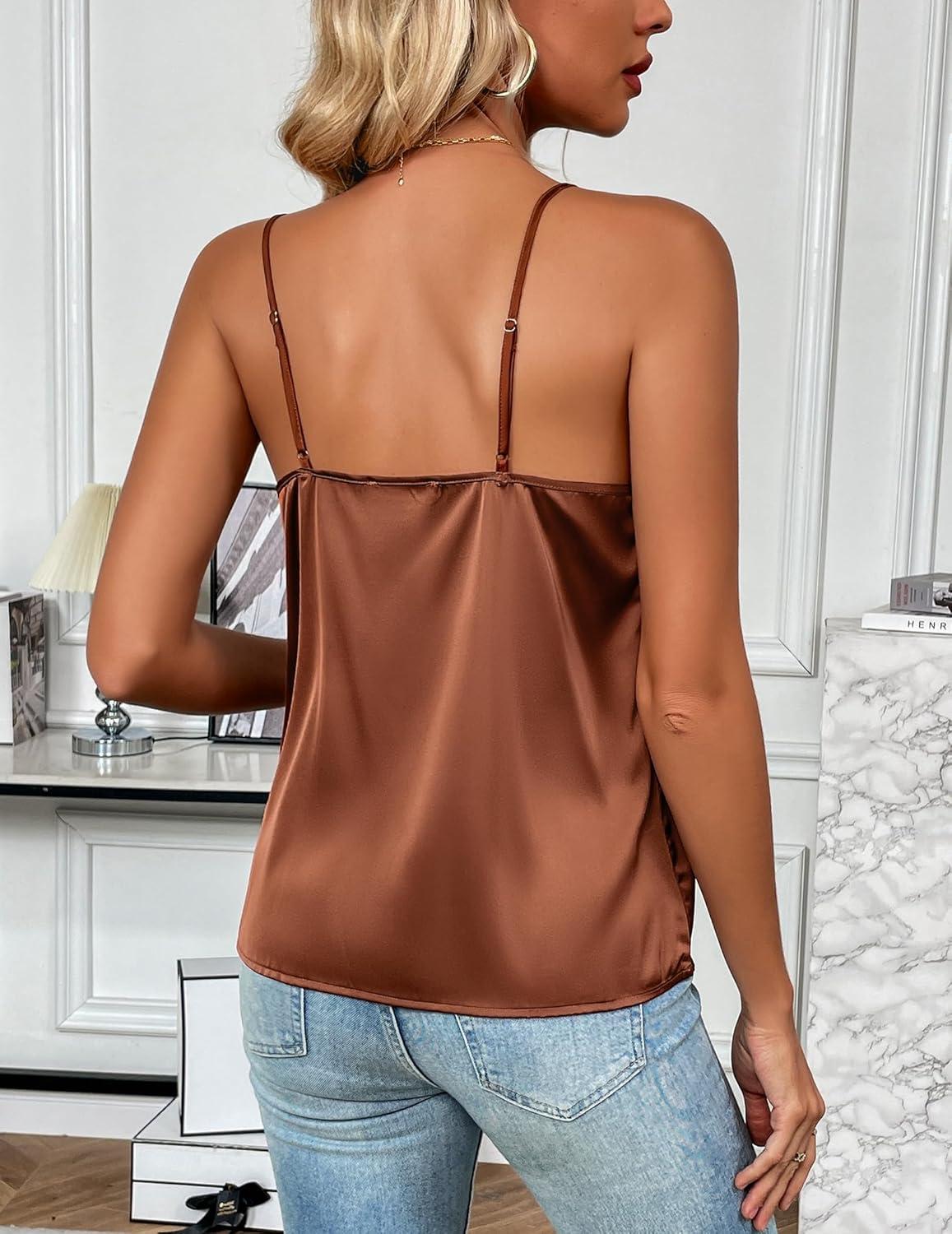imageZeagoo Womens Silk Satin Tank Tops 2026 V Neck Adjustable Spaghetti Strap Sleeveless Camisole Summer Basic BlouseBrown