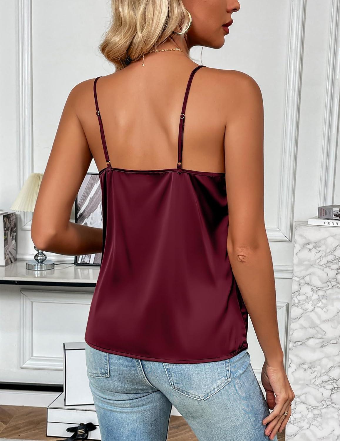imageZeagoo Womens Silk Satin Tank Tops 2026 V Neck Adjustable Spaghetti Strap Sleeveless Camisole Summer Basic BlouseDeep Red