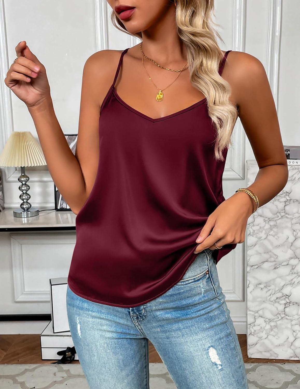 imageZeagoo Womens Silk Satin Tank Tops 2026 V Neck Adjustable Spaghetti Strap Sleeveless Camisole Summer Basic BlouseDeep Red