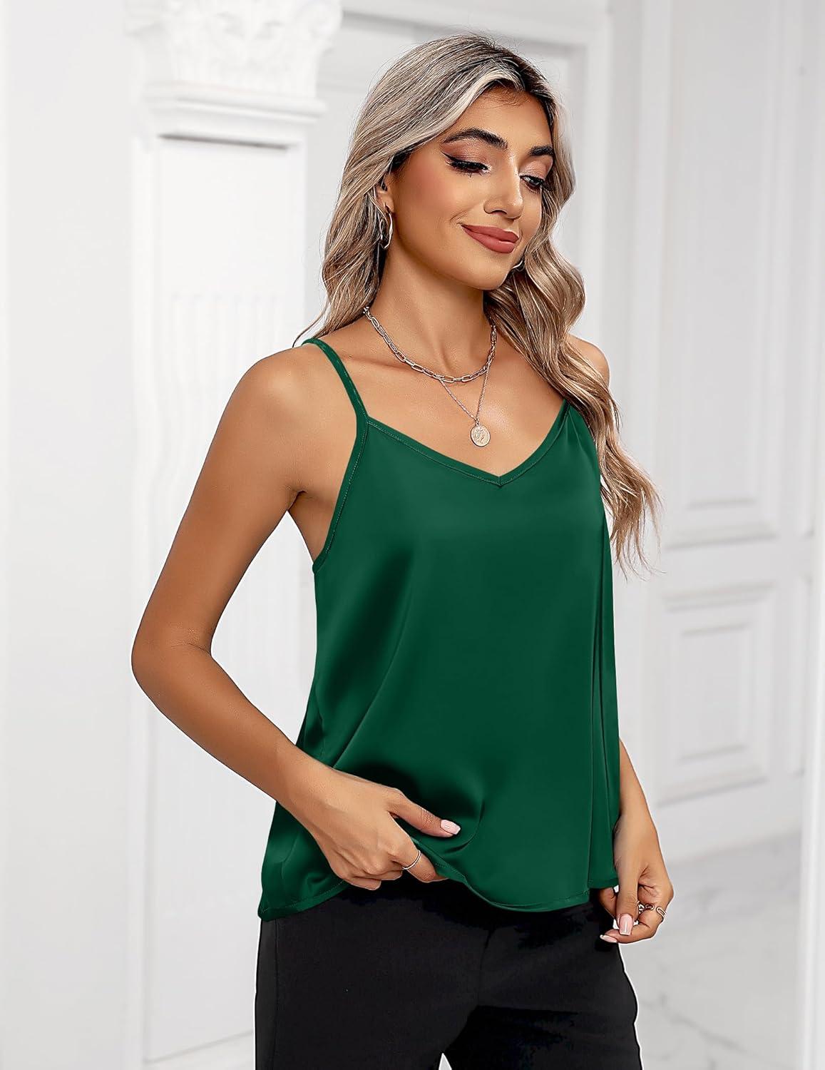 imageZeagoo Womens Silk Satin Tank Tops 2026 V Neck Adjustable Spaghetti Strap Sleeveless Camisole Summer Basic BlouseGreen