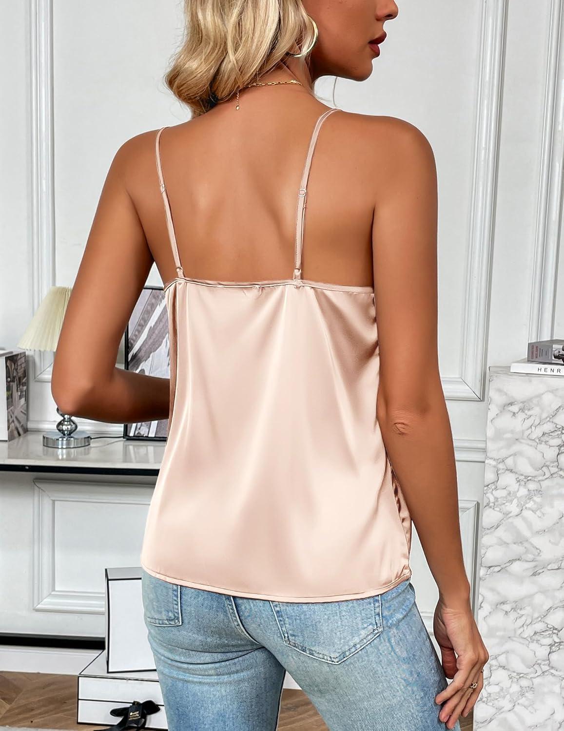 imageZeagoo Womens Silk Satin Tank Tops 2026 V Neck Adjustable Spaghetti Strap Sleeveless Camisole Summer Basic BlouseLight Champagne