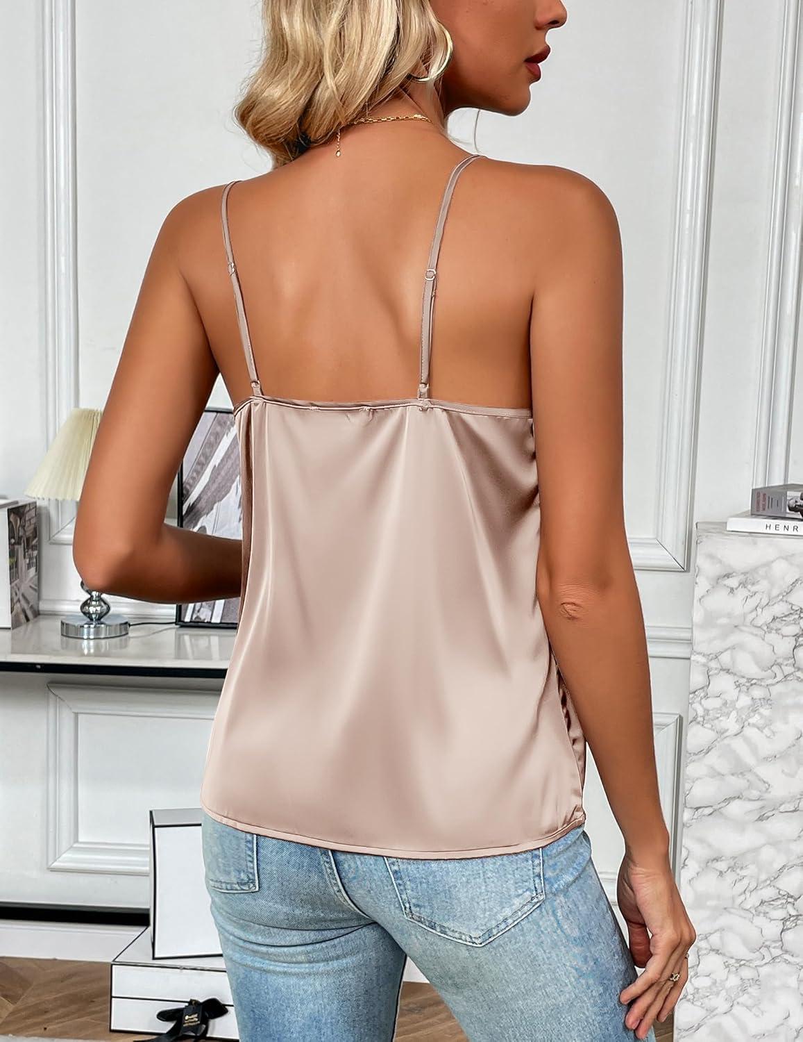 imageZeagoo Womens Silk Satin Tank Tops 2026 V Neck Adjustable Spaghetti Strap Sleeveless Camisole Summer Basic BlouseLight Pink Champagne