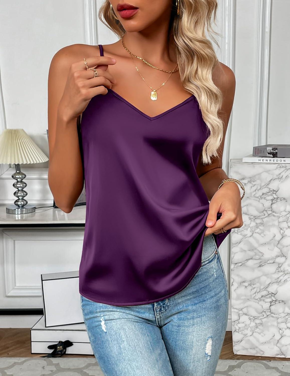 imageZeagoo Womens Silk Satin Tank Tops 2026 V Neck Adjustable Spaghetti Strap Sleeveless Camisole Summer Basic BlousePurple
