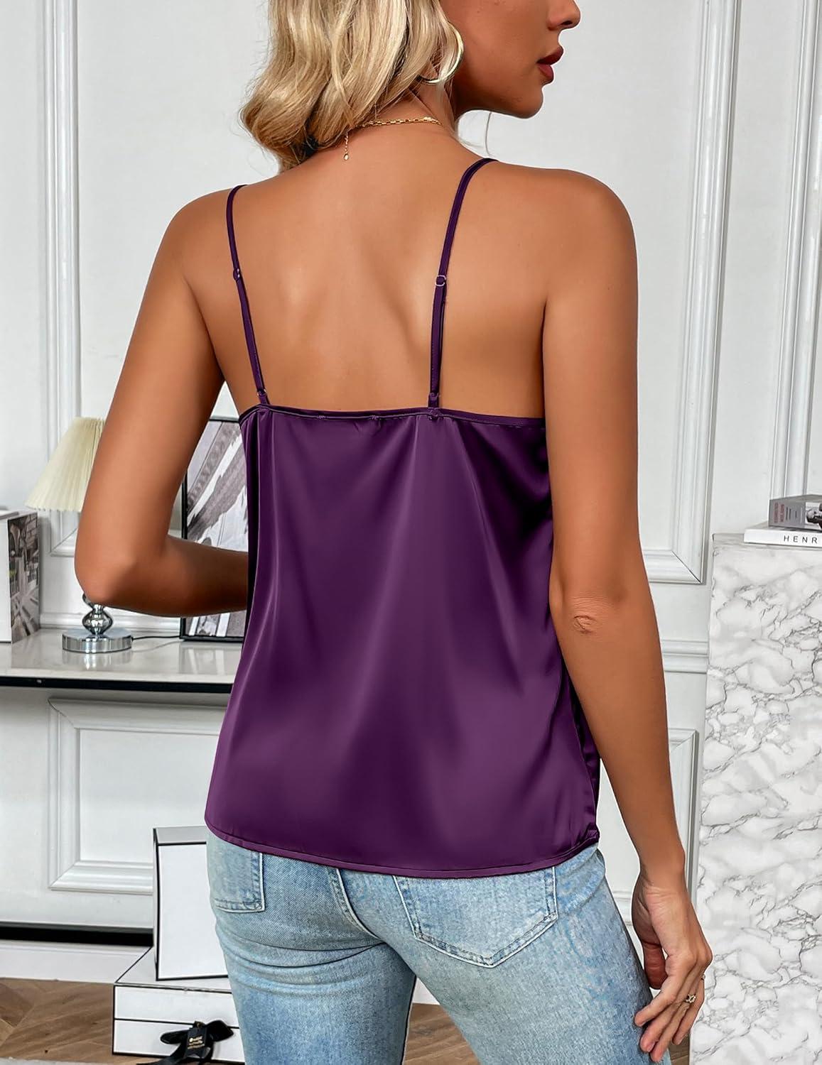 imageZeagoo Womens Silk Satin Tank Tops 2026 V Neck Adjustable Spaghetti Strap Sleeveless Camisole Summer Basic BlousePurple