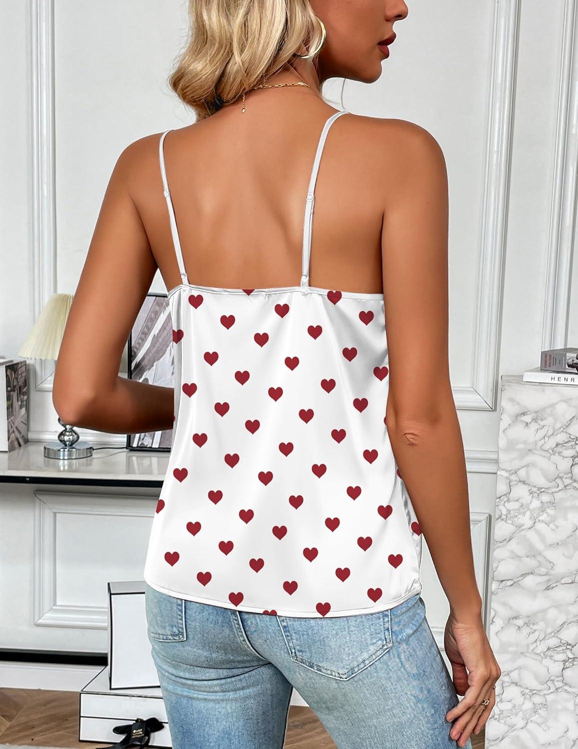 imageZeagoo Womens Silk Satin Tank Tops 2026 V Neck Adjustable Spaghetti Strap Sleeveless Camisole Summer Basic BlouseRed Heart