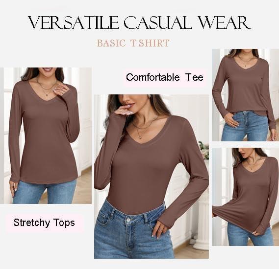 imageZeagoo Womens T Shirts Long Sleeve V Neck Basic Tee Casual Loose Fit Soft Fall Tops Outfits 2026 SXXLBrown