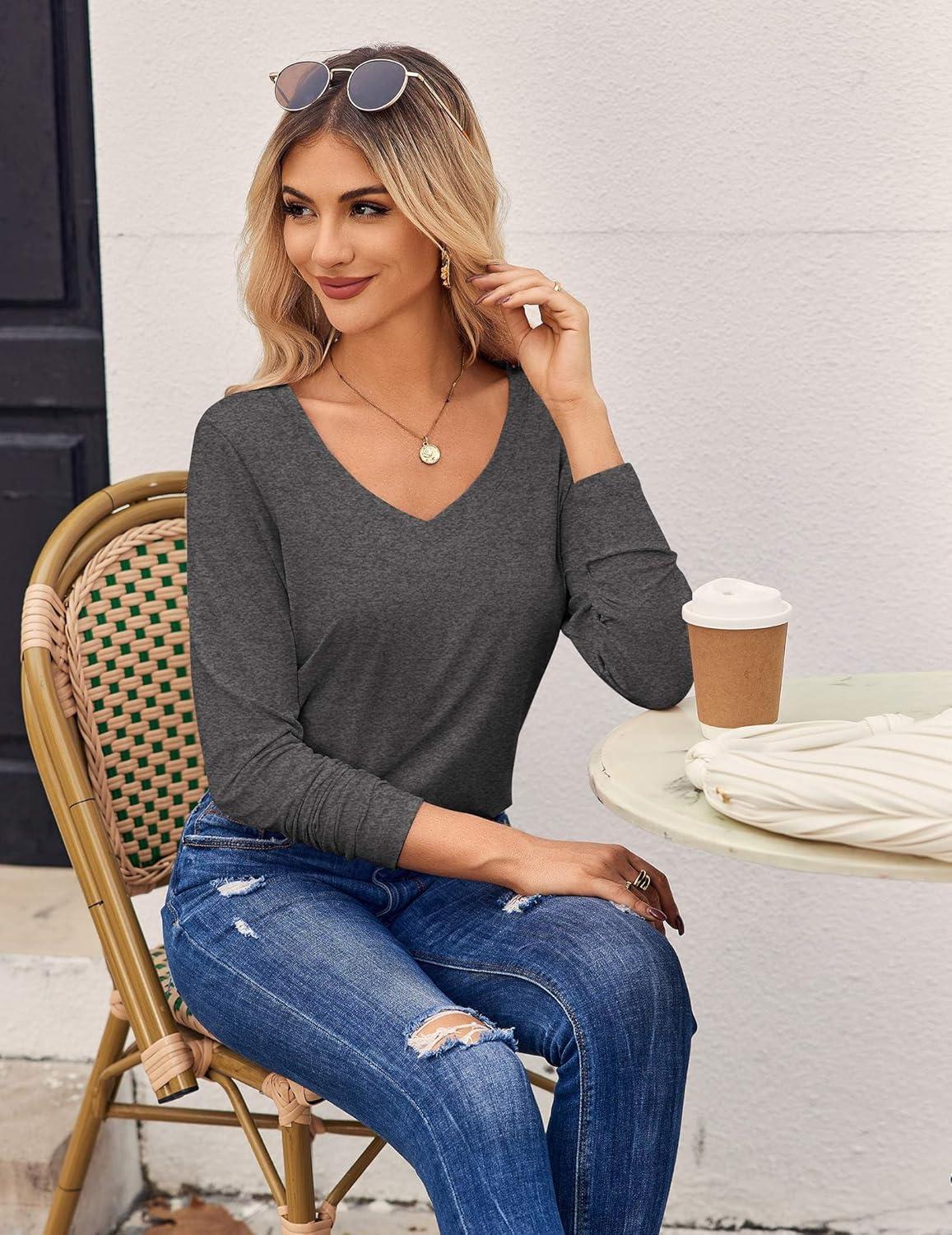 imageZeagoo Womens T Shirts Long Sleeve V Neck Basic Tee Casual Loose Fit Soft Fall Tops Outfits 2026 SXXLDark Grey