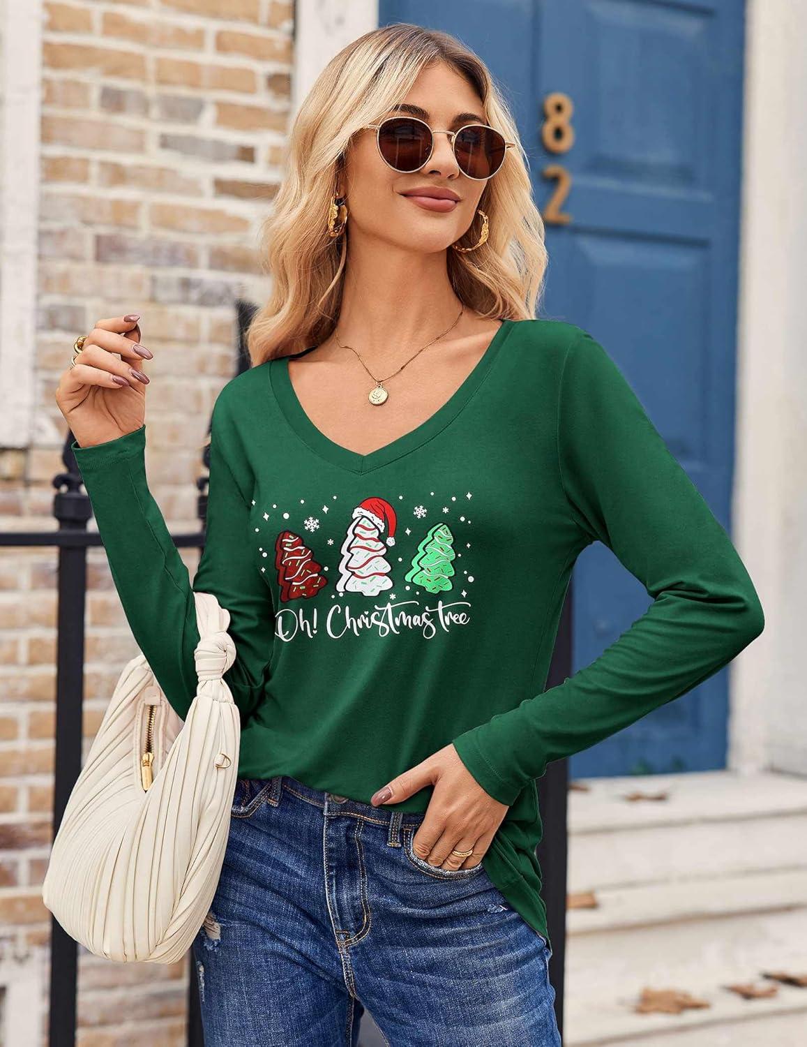 imageZeagoo Womens T Shirts Long Sleeve V Neck Basic Tee Casual Loose Fit Soft Fall Tops Outfits 2026 SXXLGreen Christmas