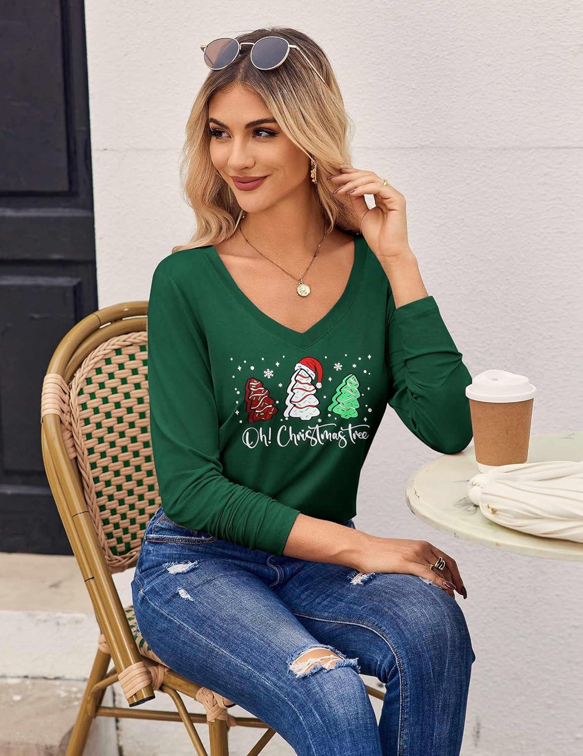imageZeagoo Womens T Shirts Long Sleeve V Neck Basic Tee Casual Loose Fit Soft Fall Tops Outfits 2026 SXXLGreen Christmas