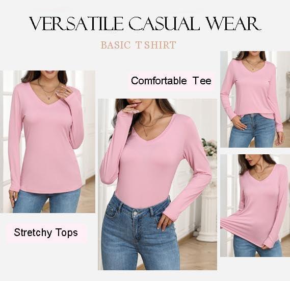 imageZeagoo Womens T Shirts Long Sleeve V Neck Basic Tee Casual Loose Fit Soft Fall Tops Outfits 2026 SXXLPink