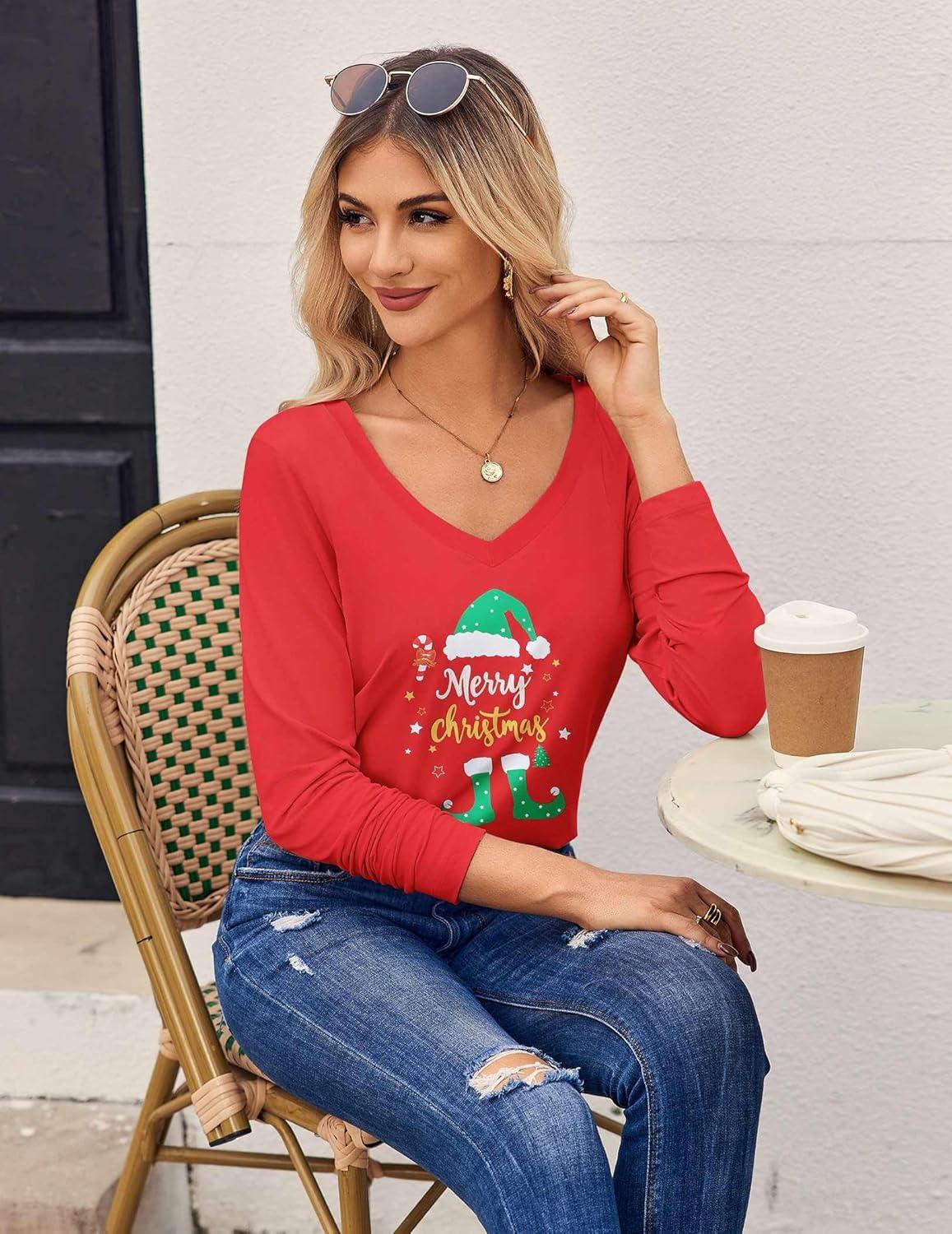imageZeagoo Womens T Shirts Long Sleeve V Neck Basic Tee Casual Loose Fit Soft Fall Tops Outfits 2026 SXXLRed Christmas