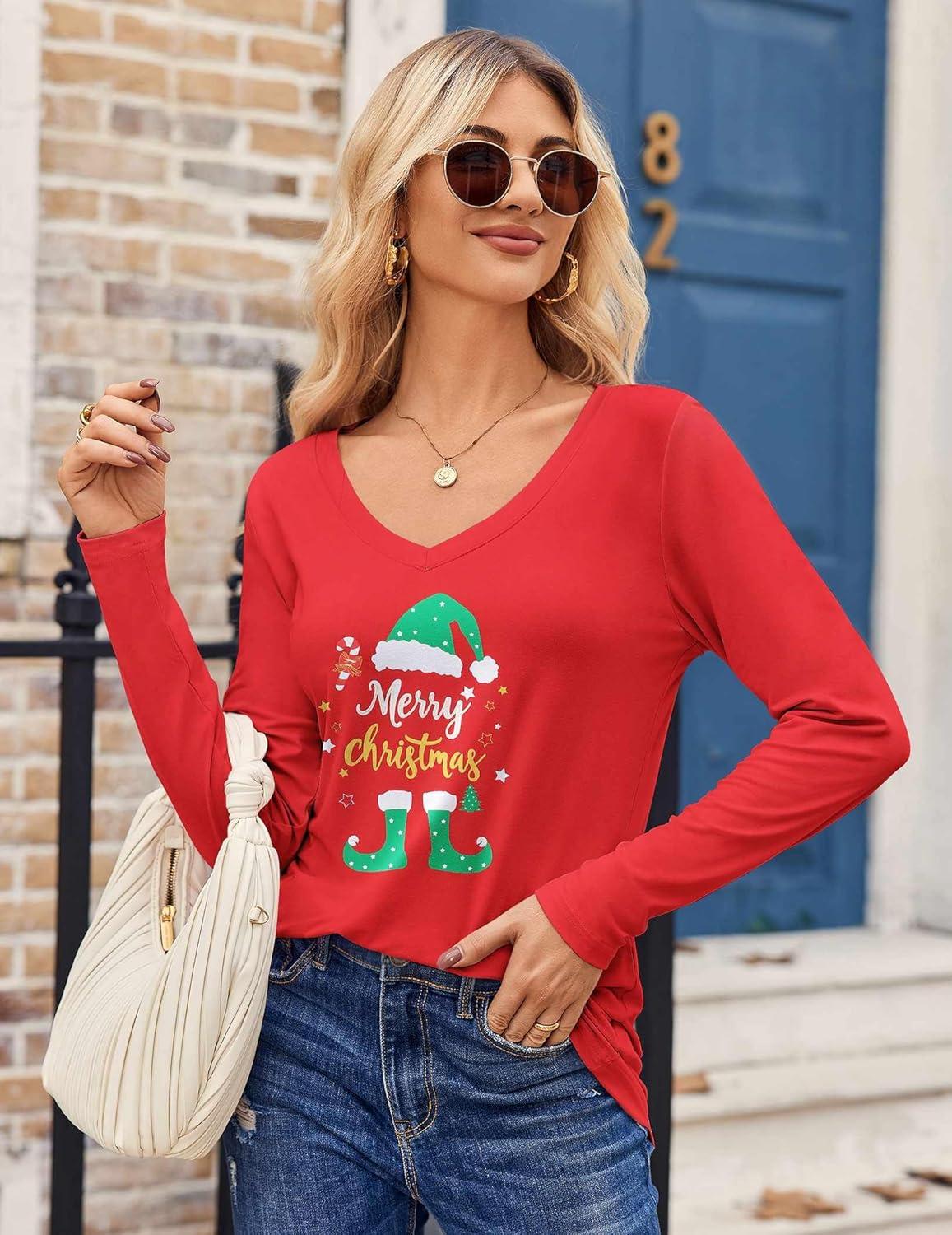 imageZeagoo Womens T Shirts Long Sleeve V Neck Basic Tee Casual Loose Fit Soft Fall Tops Outfits 2026 SXXLRed Christmas