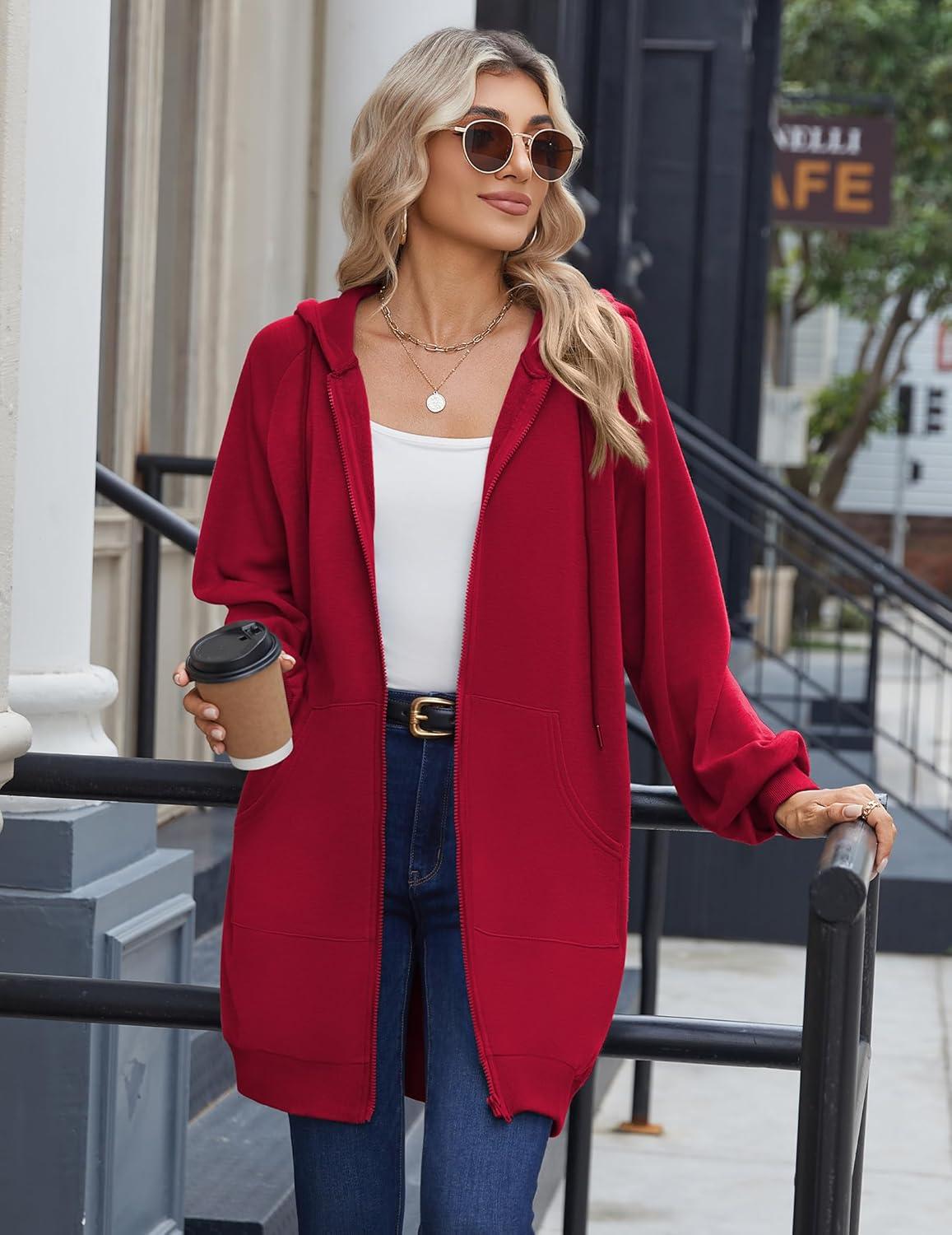 imageZeagoo Womens Zip Up Hoodies Long Sleeve Long Tunic Sweatshirts Oversized Fleece Casual 2025 Fall Jacket Coat with PocketRed