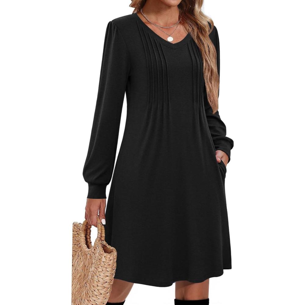 imageZeagoo Fall Dresses for Women Long Sleeve Casual Pleated V Neck Dress 2025 A Line Tunic DressAblack
