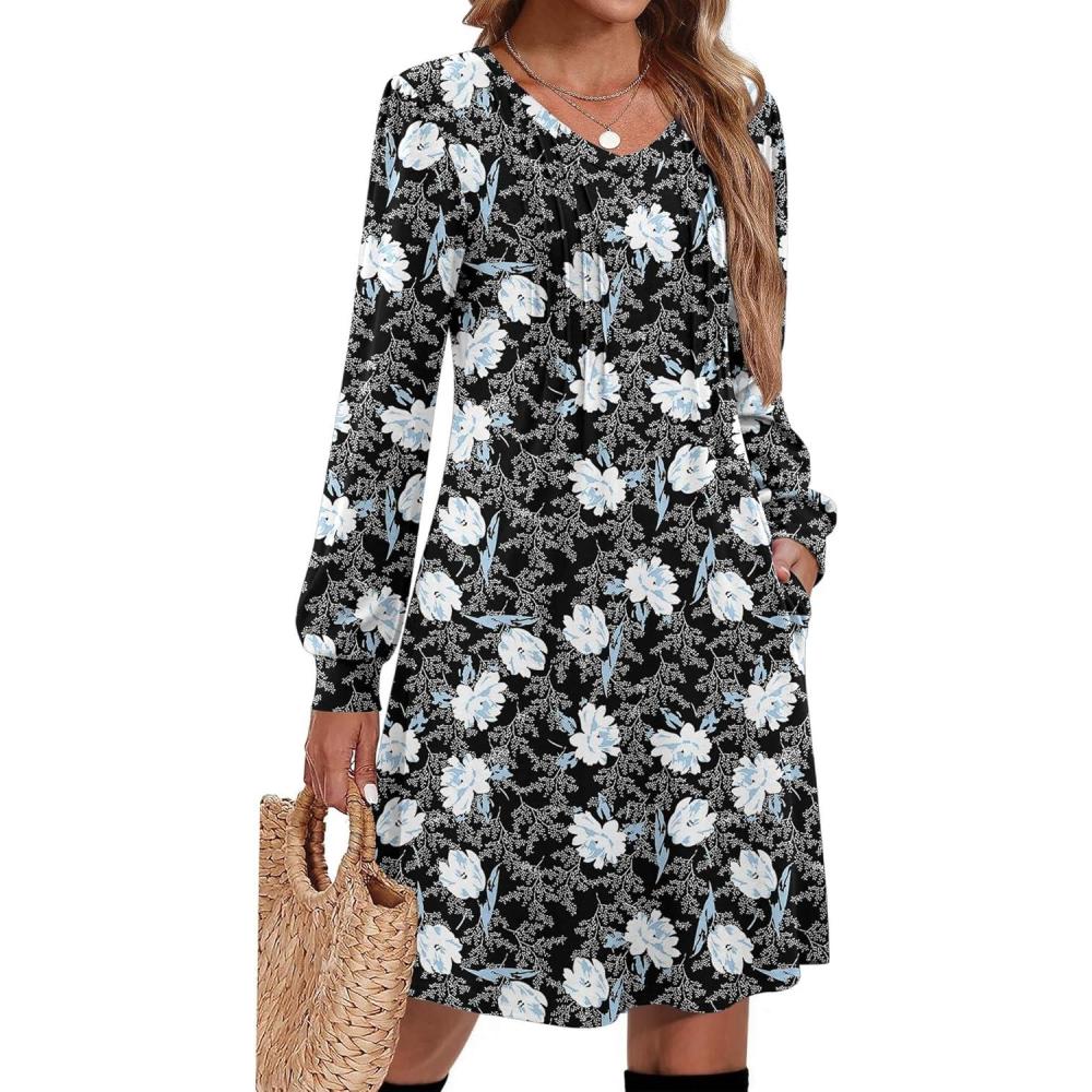 imageZeagoo Fall Dresses for Women Long Sleeve Casual Pleated V Neck Dress 2025 A Line Tunic DressBlack Floral