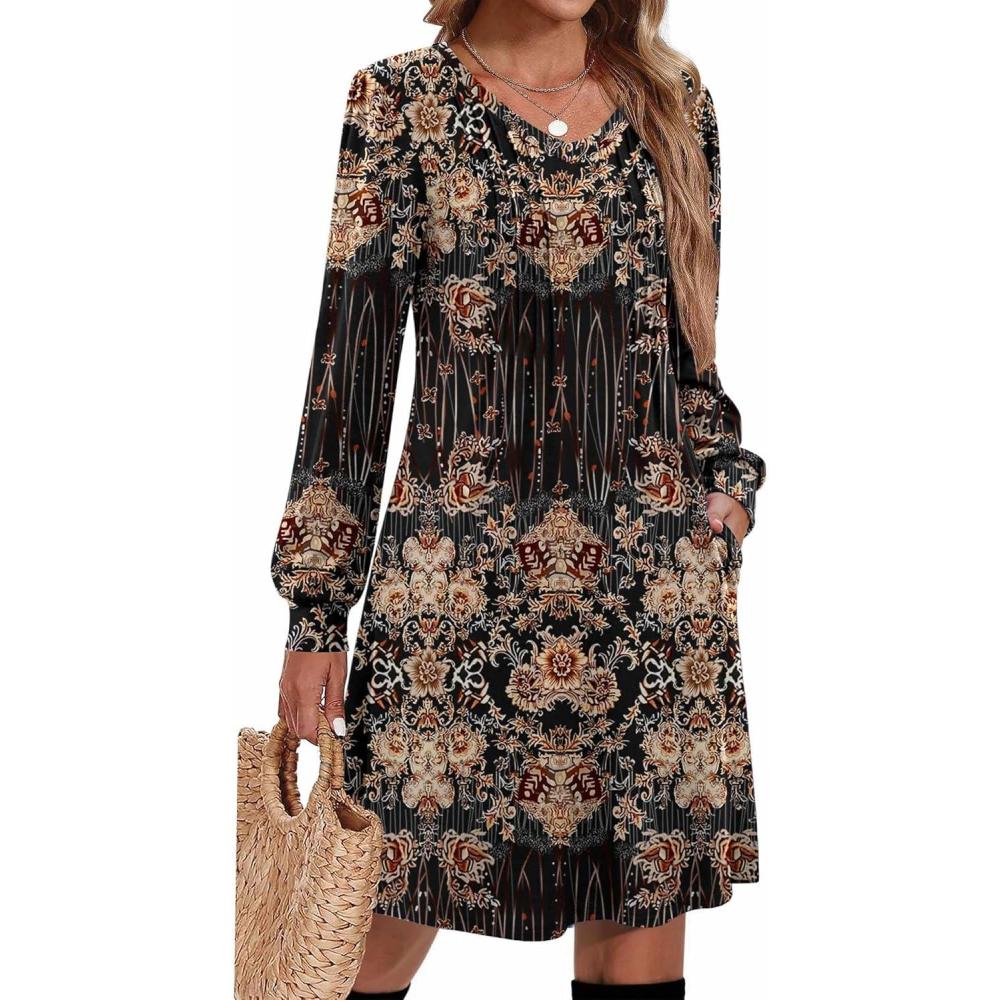 imageZeagoo Fall Dresses for Women Long Sleeve Casual Pleated V Neck Dress 2025 A Line Tunic DressBlack Printed