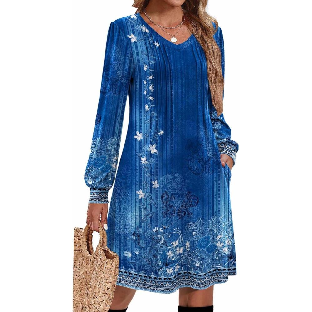 imageZeagoo Fall Dresses for Women Long Sleeve Casual Pleated V Neck Dress 2025 A Line Tunic DressBlue Floral