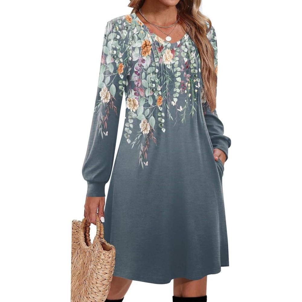 imageZeagoo Fall Dresses for Women Long Sleeve Casual Pleated V Neck Dress 2025 A Line Tunic DressBlue Green Floral