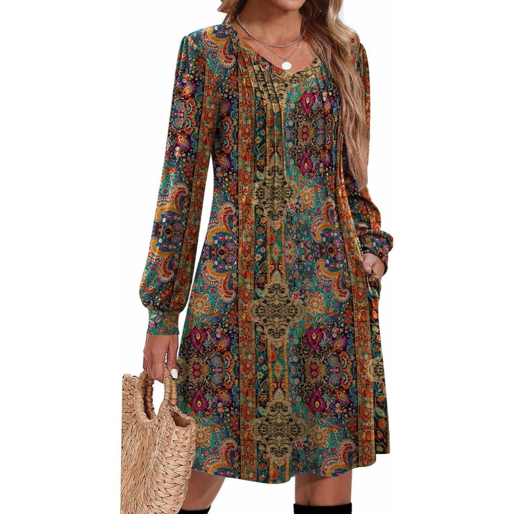imageZeagoo Fall Dresses for Women Long Sleeve Casual Pleated V Neck Dress 2025 A Line Tunic DressChic Printed