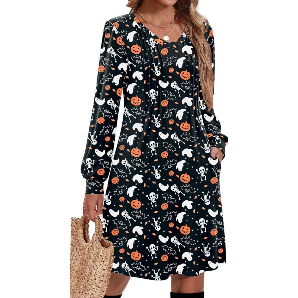 imageZeagoo Fall Dresses for Women Long Sleeve Casual Pleated V Neck Dress 2025 A Line Tunic DressHalloween Print