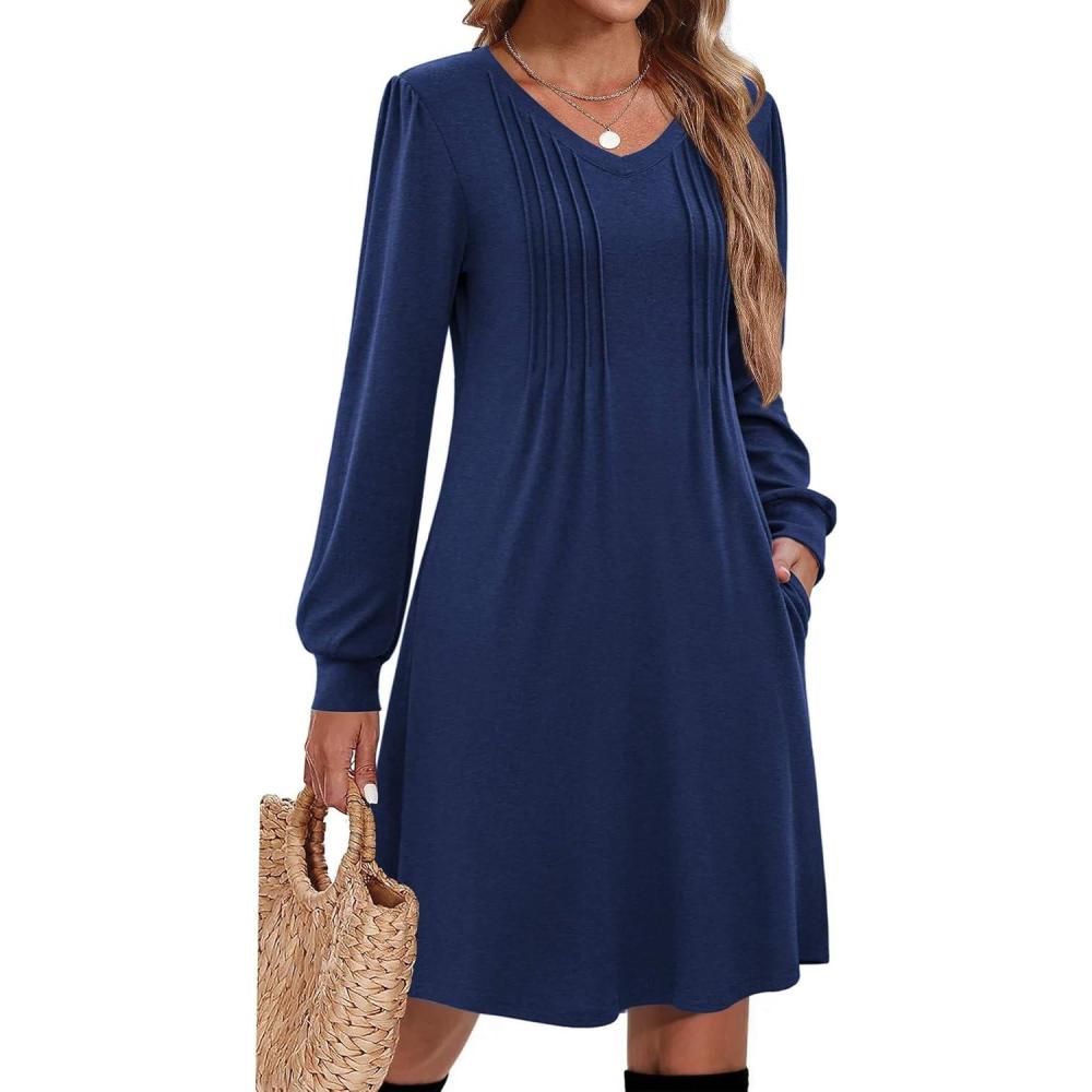 imageZeagoo Fall Dresses for Women Long Sleeve Casual Pleated V Neck Dress 2025 A Line Tunic DressNavy