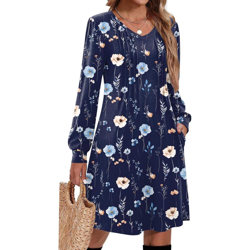 imageZeagoo Fall Dresses for Women Long Sleeve Casual Pleated V Neck Dress 2025 A Line Tunic DressNavy Floral