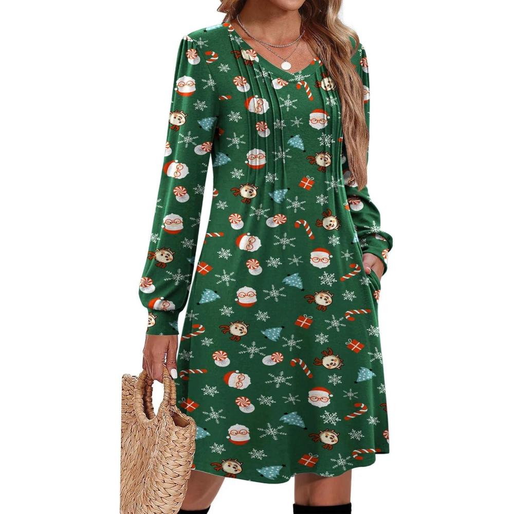 imageZeagoo Fall Dresses for Women Long Sleeve Casual Pleated V Neck Dress 2025 A Line Tunic DressXmas Green