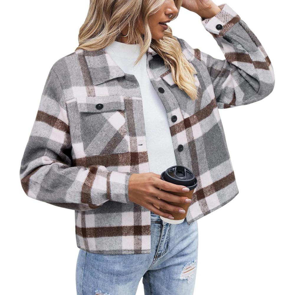 imageZeagoo Flannels for Women Cropped Shacket Jacket Fashion Plaid Button Down Shirt 2026 Fall Coat TopsYdl10