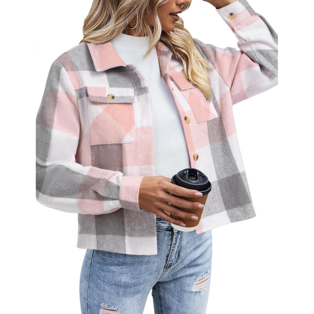 imageZeagoo Flannels for Women Cropped Shacket Jacket Fashion Plaid Button Down Shirt 2026 Fall Coat TopsYdl11