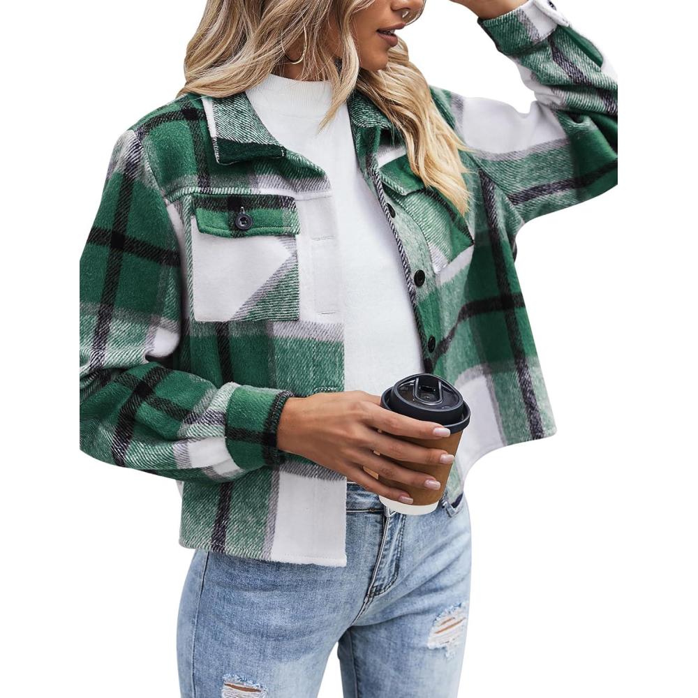 imageZeagoo Flannels for Women Cropped Shacket Jacket Fashion Plaid Button Down Shirt 2026 Fall Coat TopsYdl2