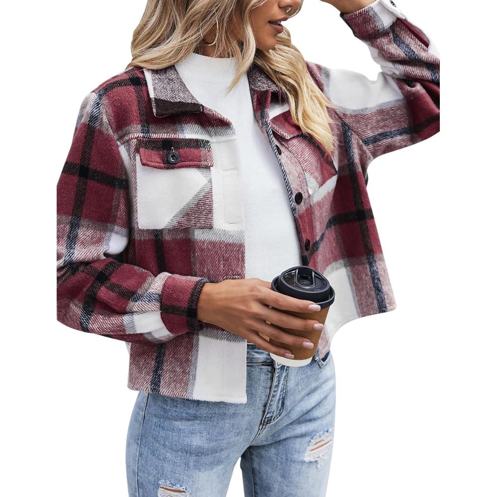 imageZeagoo Flannels for Women Cropped Shacket Jacket Fashion Plaid Button Down Shirt 2026 Fall Coat TopsYdl3