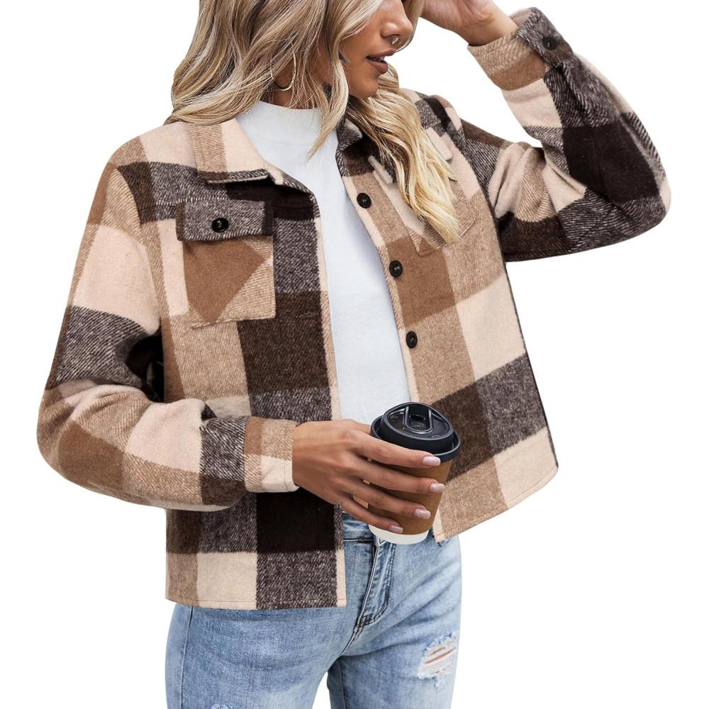 imageZeagoo Flannels for Women Cropped Shacket Jacket Fashion Plaid Button Down Shirt 2026 Fall Coat TopsYdl7
