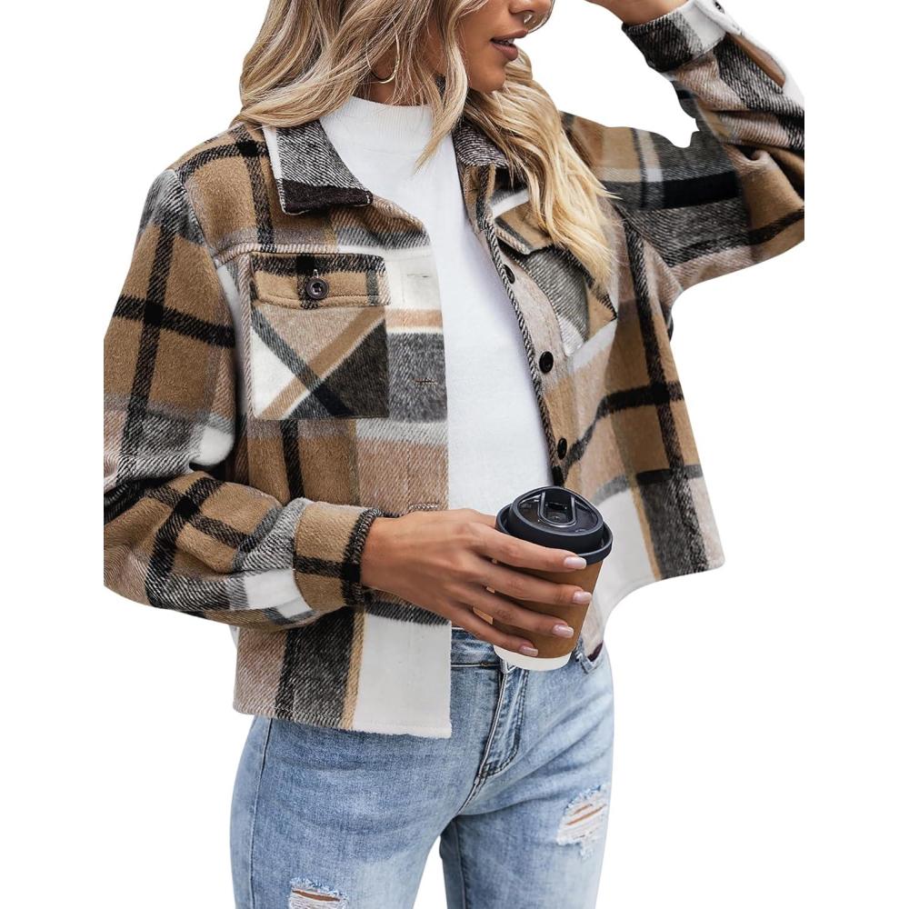 imageZeagoo Flannels for Women Cropped Shacket Jacket Fashion Plaid Button Down Shirt 2026 Fall Coat TopsYdl9