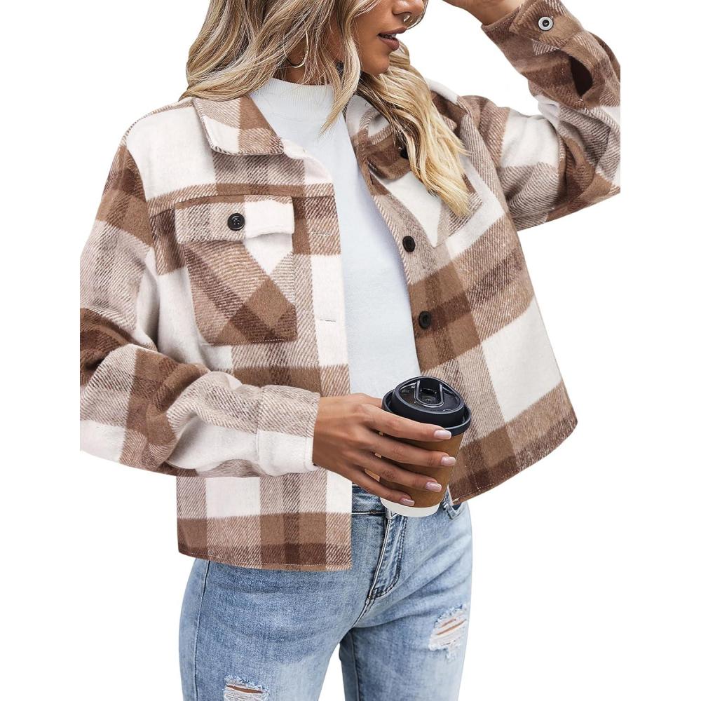 imageZeagoo Flannels for Women Cropped Shacket Jacket Fashion Plaid Button Down Shirt 2026 Fall Coat TopsZgw20