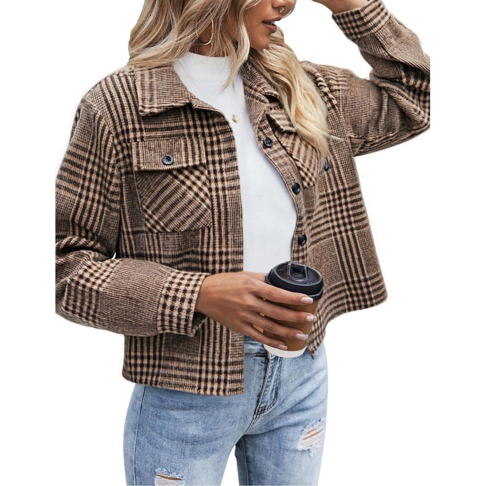 imageZeagoo Flannels for Women Cropped Shacket Jacket Fashion Plaid Button Down Shirt 2026 Fall Coat TopsZgz293
