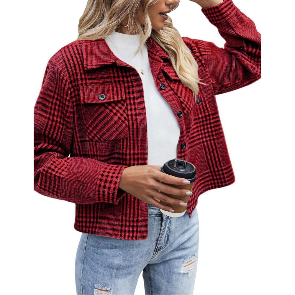 imageZeagoo Flannels for Women Cropped Shacket Jacket Fashion Plaid Button Down Shirt 2026 Fall Coat TopsZgz383