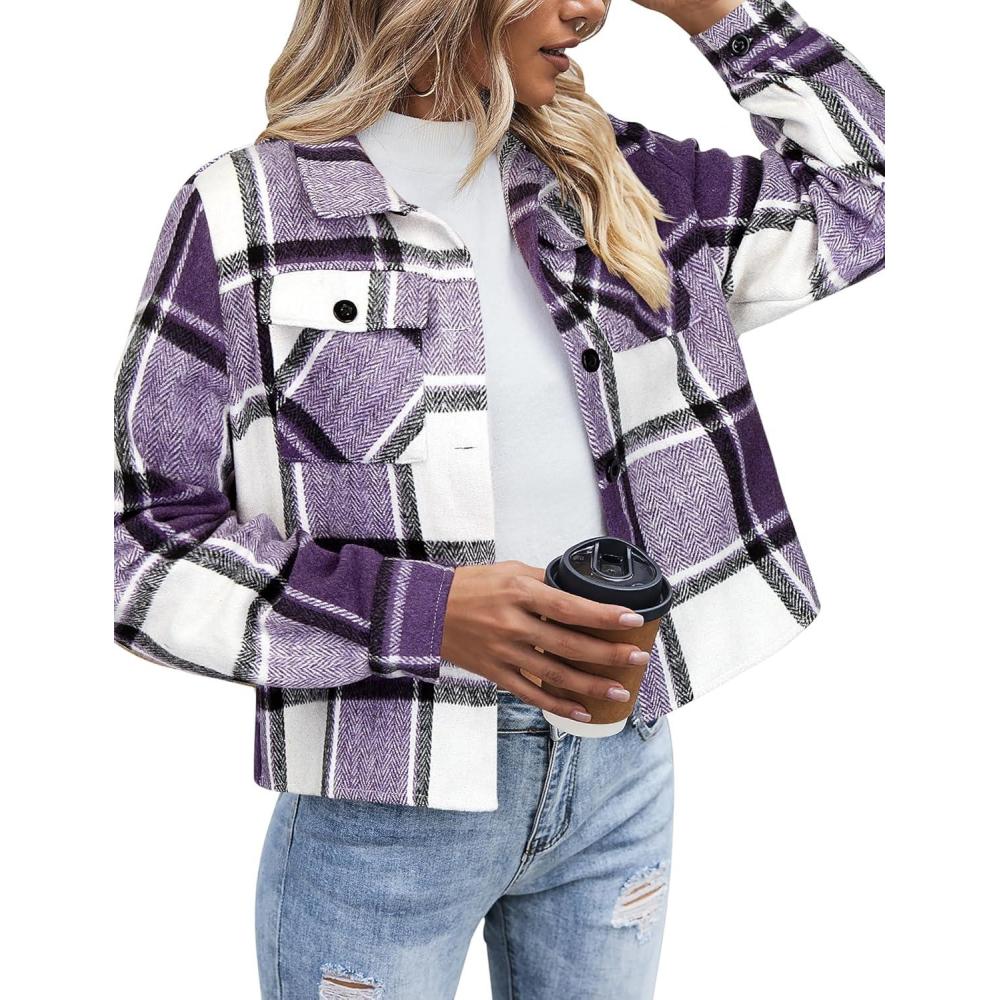 imageZeagoo Flannels for Women Cropped Shacket Jacket Fashion Plaid Button Down Shirt 2026 Fall Coat TopsZgz663