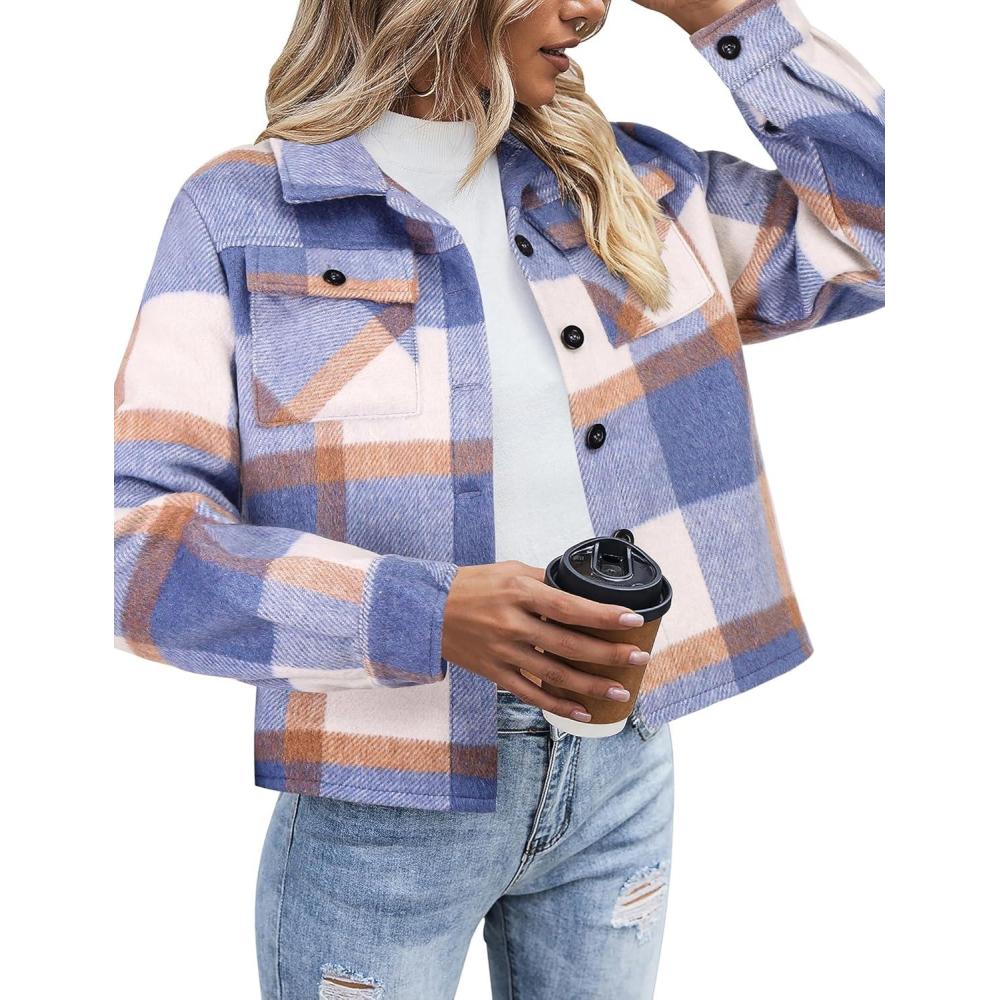 imageZeagoo Flannels for Women Cropped Shacket Jacket Fashion Plaid Button Down Shirt 2026 Fall Coat TopsZgz929