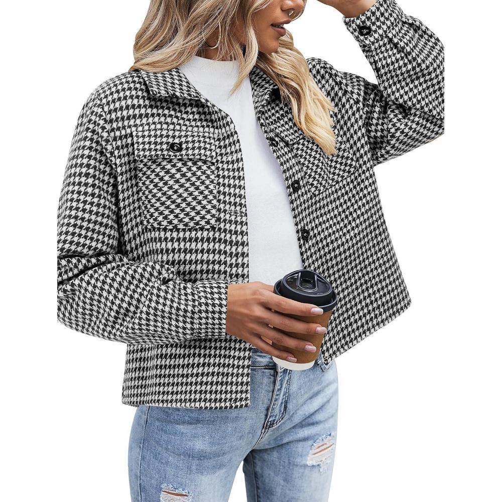 imageZeagoo Flannels for Women Cropped Shacket Jacket Fashion Plaid Button Down Shirt 2026 Fall Coat TopsZjh275