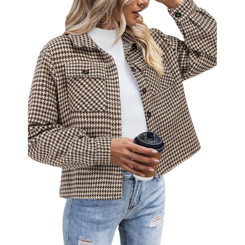 imageZeagoo Flannels for Women Cropped Shacket Jacket Fashion Plaid Button Down Shirt 2026 Fall Coat TopsZjh459