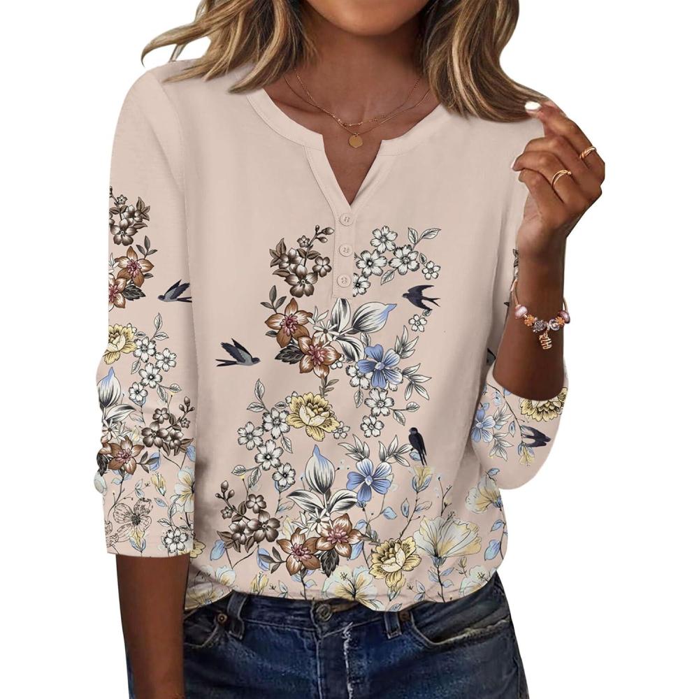 imageZeagoo Long Sleeve Shirts for Women Casual V Neck Fall Tops Dressy Summer Work Blouses ClothesFloral Champagne