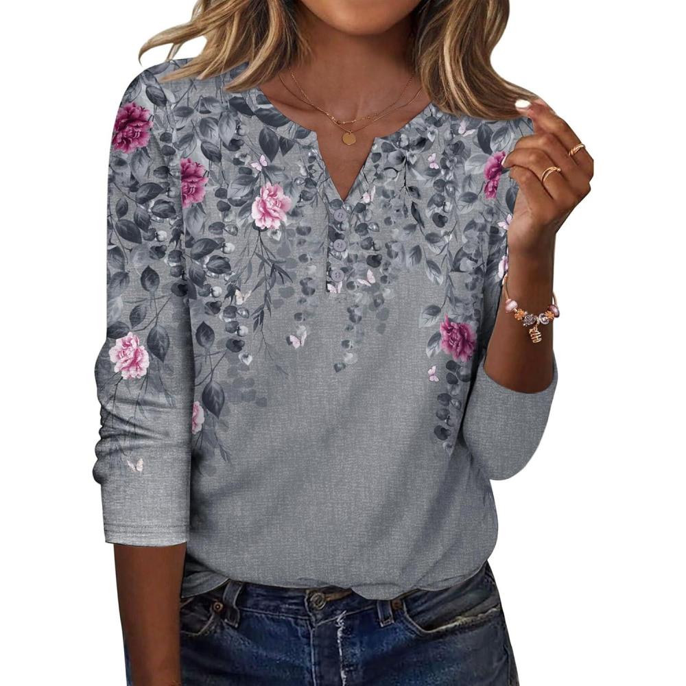 imageZeagoo Long Sleeve Shirts for Women Casual V Neck Fall Tops Dressy Summer Work Blouses ClothesFloral Grey