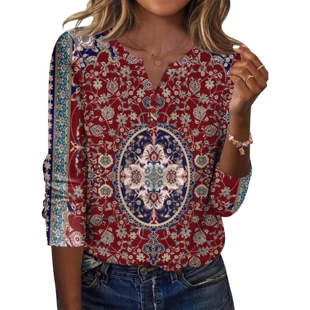 imageZeagoo Long Sleeve Shirts for Women Casual V Neck Fall Tops Dressy Summer Work Blouses ClothesFloral Red