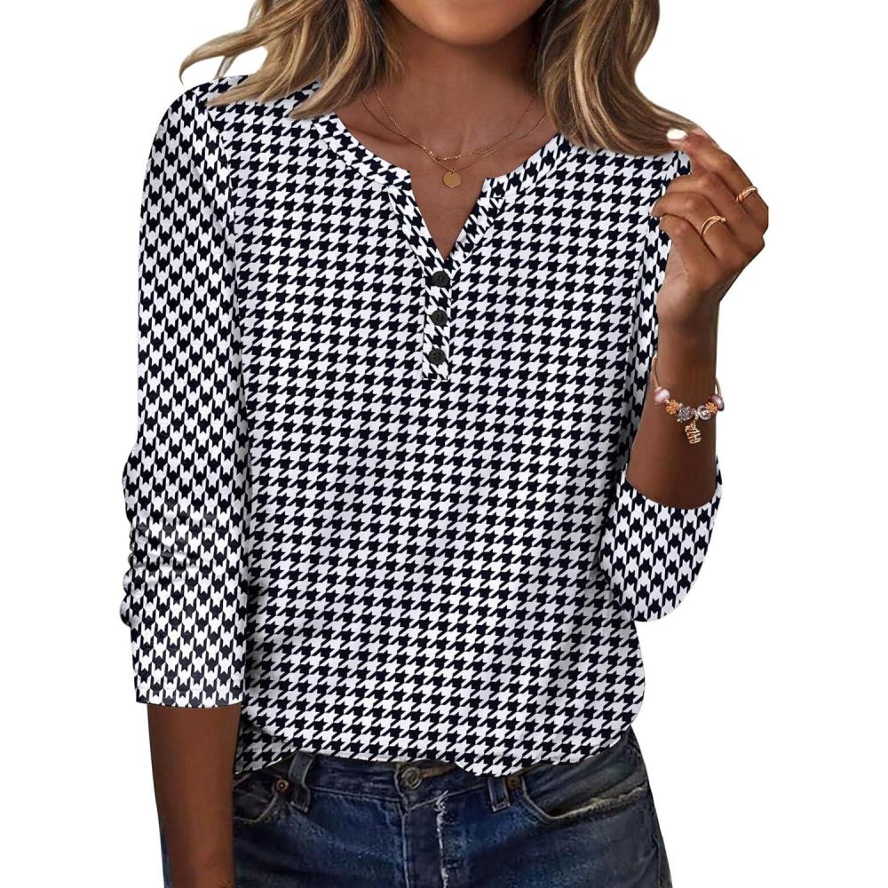 imageZeagoo Long Sleeve Shirts for Women Casual V Neck Fall Tops Dressy Summer Work Blouses ClothesHoundstooth